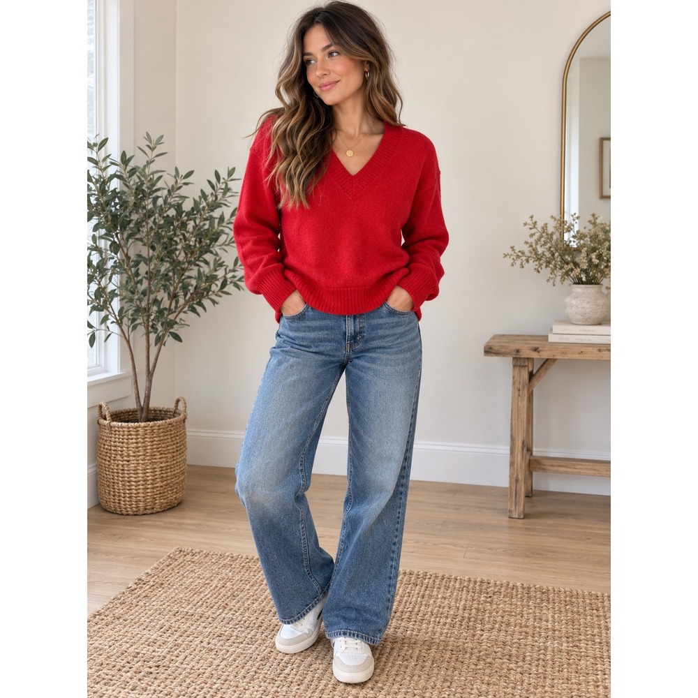 American Eagle Red V-Neck Cozy Knit Sweater – Size Small